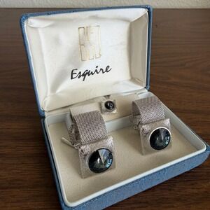 Vintage Esquire Dante Rivoli Rhinestone Mesh Cufflinks Tie Tack Set Silver Tone